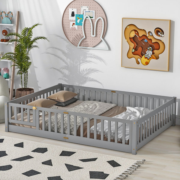 Red Barrel Studio® Floor Platform Bed with Fence and Door, Wooden Frame